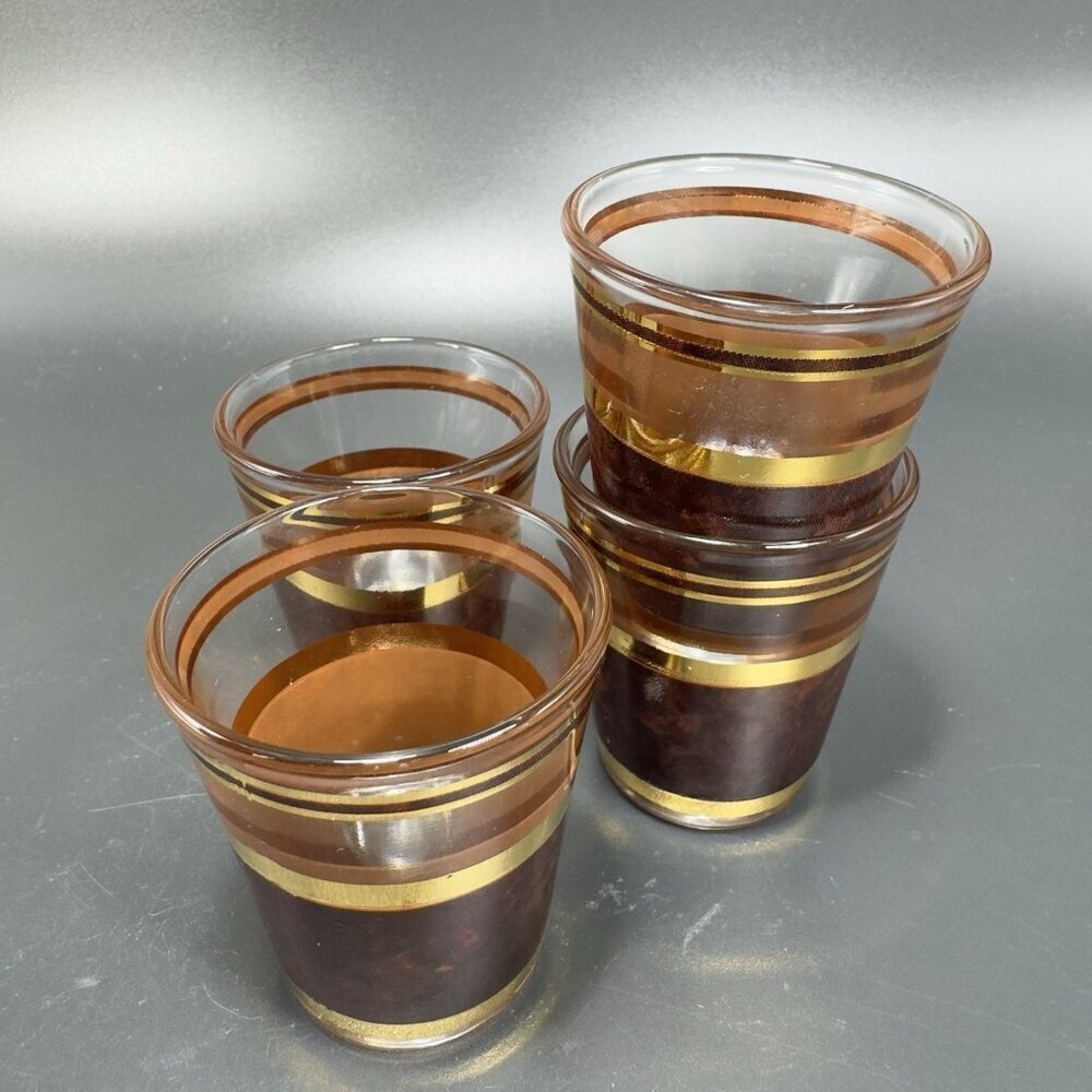 Culver‎ Faux Tortoise Banded Shoot Glasses Set 4 Brown Barware Cups Glasses VTG
